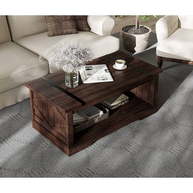 WAMPAT Rustic Coffee Table with Drawer and Storage