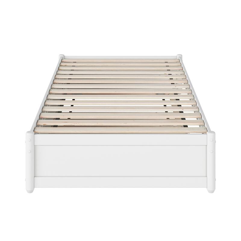 Asian Twin Panel Bed with Trundle - White Platform Bed Frame - Space Saving Design - Hardwood Frame