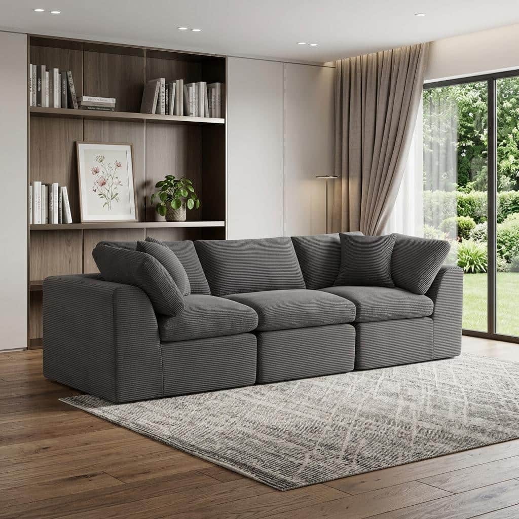 HomeRoots 108" Dark Gray Corduroy Modular Sofa With Toss Pillows