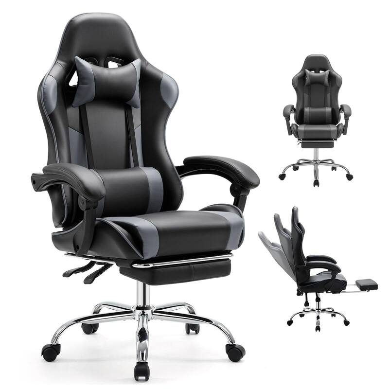Ergonomic Faux Leather High Back Gaming Chair with Footrest & Linkage Armrests – Black & Gray for Adults - Grey