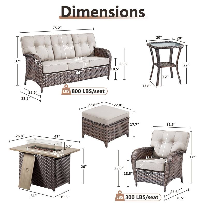 TWrap 7-Piece Wicker Patio Fire Pit Conversation Set with 3-Seat Sofa & Armchairs