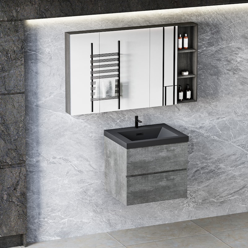 24"Bathroom Vanity with Sink,Wall-Mounted Bathroom Storage Vanity Cabinet with Black Quartz Sand Top Basin and Soft Close Drawer
