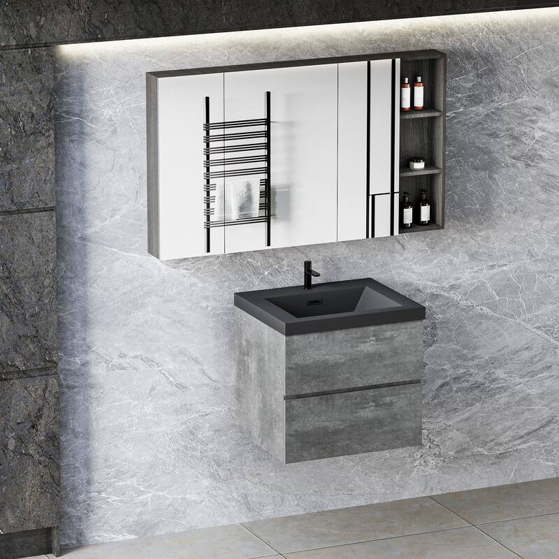 Wall-Mounted Bathroom Vanity with Gray Storage Cabinet, Matte Black Quartz Sand Sink, Soft-Close Hinges - 23.62in L Melamine