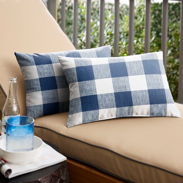 slide 1 of 6, Humble + Haute Dark Blue Buffalo Plaid Indoor/ Outdoor Lumbar Pillow, Set of 2 13 in x 20 in