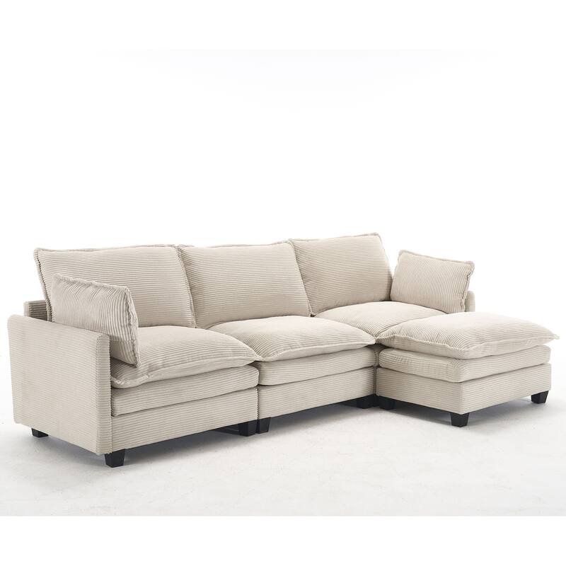 New Modular Beige Polyester U-Shaped 3-Seat Sofa with Ottoman and Pillows