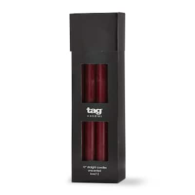 Color Studio 12" Straight Taper Unscented Smokeless Paraffin Wax Candle Wine, Burn Time 12 hrs. Set 12