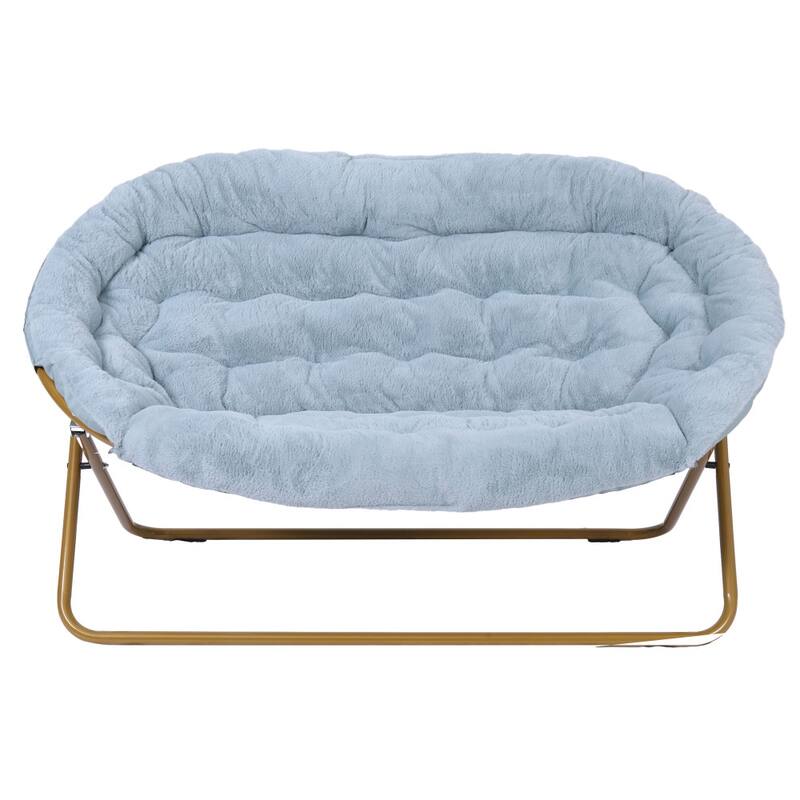 Folding Synthetic Fur Double Saucer Chair with Steel Frame - 27.5"D x 55.5"W x 33.5"H