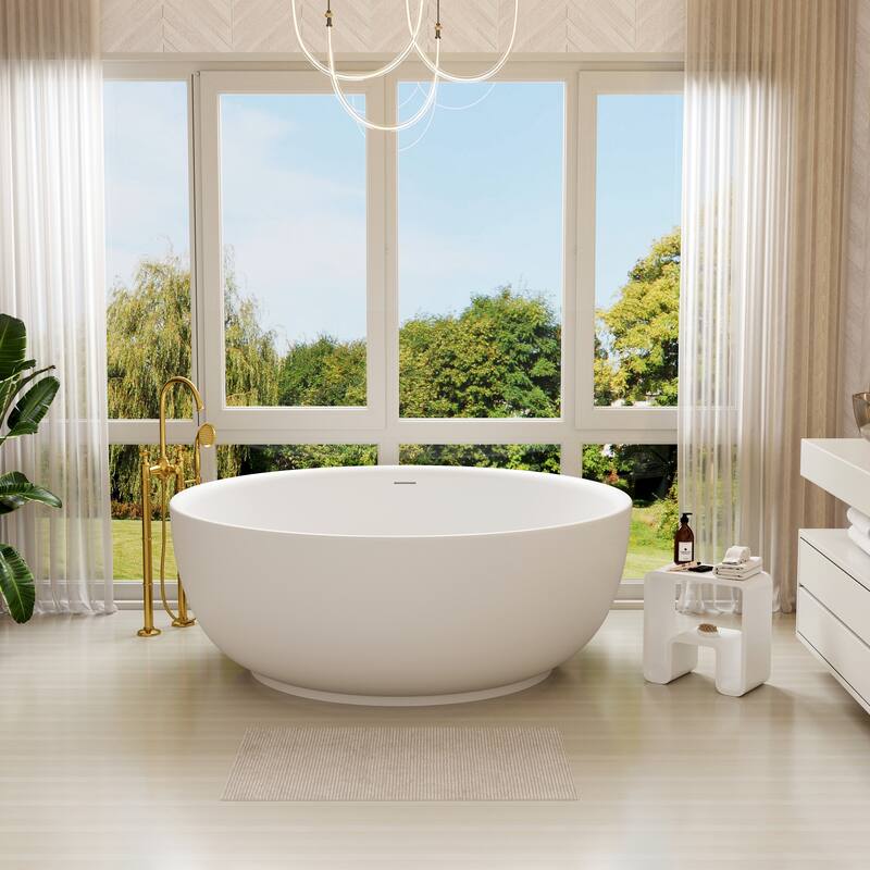 59 in. Freestanding Solid Surface Square Soaking Bathtub in Matte White, Modern Design with Center Drain