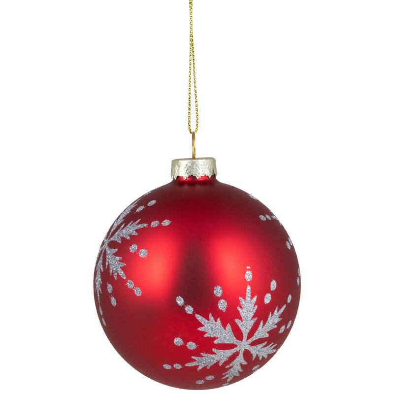 Glittered Snowflakes Matte Finish Glass Ball Christmas Ornaments - 3" (75mm) - Red - 4ct
