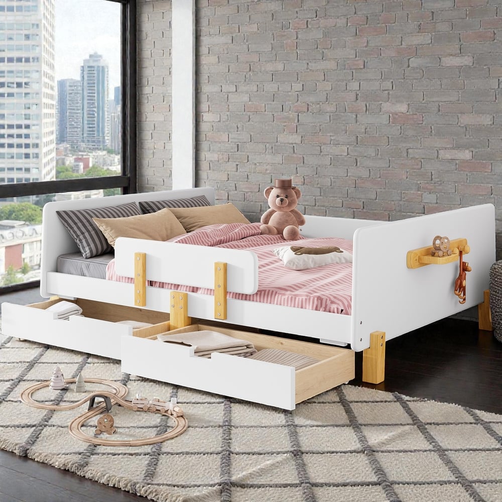 Twin/Full Wood Platform Bed with Storage Drawers, Guardrail, Shelf & Hooks, Solid Wood Frame, No Box Spring Needed