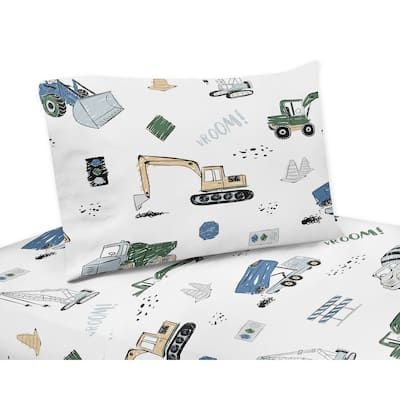 Construction Truck Collection 3-piece Twin Sheet Set - Grey Yellow Black Blue and Green Transportation