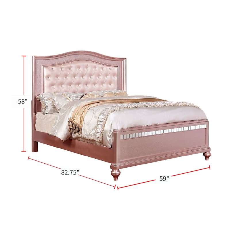 Wooden Bed With Padded Headboard, Rose Gold