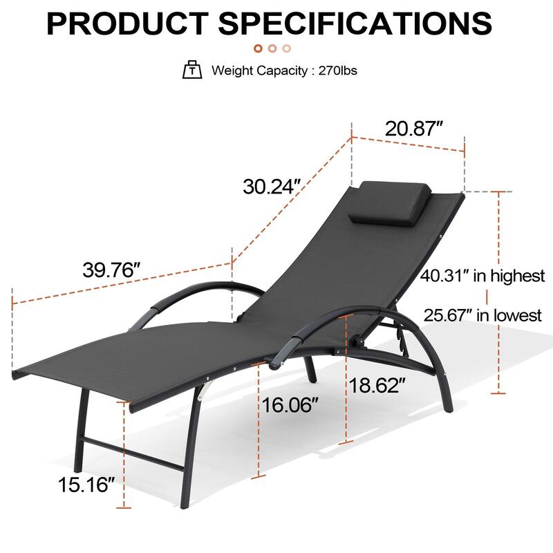 Crestlive Products Outdoor Adjustable Reclining Chaise Lounge Chair with Armrest