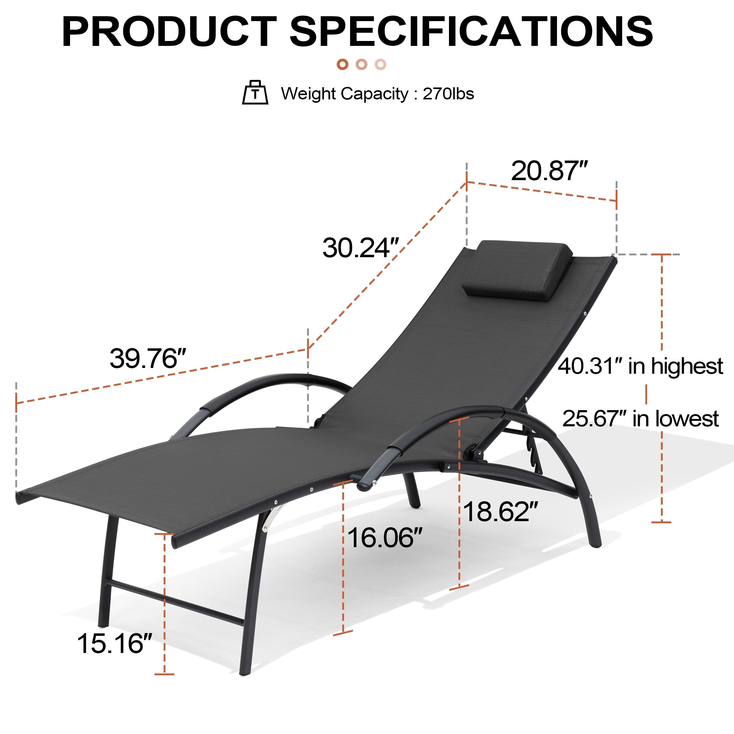 Adjustable Outdoor Reclining Chaise Lounge Chair with Arms-image