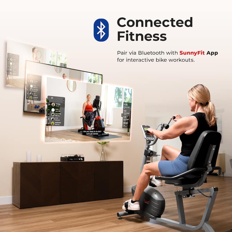 Sunny Health & Fitness Smart Magnetic Recumbent Bike w/ Hand Cycle - SF-RB423034 - Grey - 55.9L x 26.4W x 46.1H