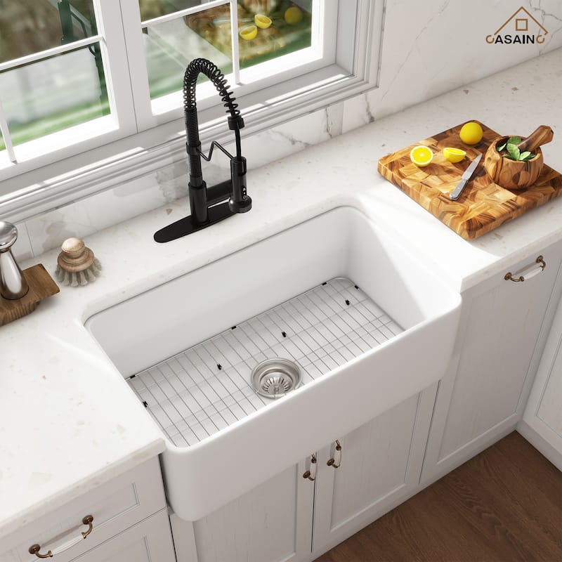 Farmhouse/Apron-Front Single Bowl Fireclay Kitchen Sink with 3-Function Pull-Down Faucet, Bottom Grid, and Basket Strainer