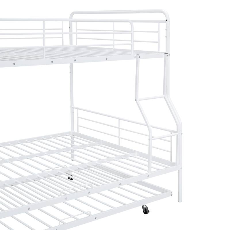 Full XL Over Queen Metal Bunk Bed w/ Twin Size Trundle, Dorm Convertible Heavy-Duty Iron Bed Frame w/ Ladder & Safety Guardrails