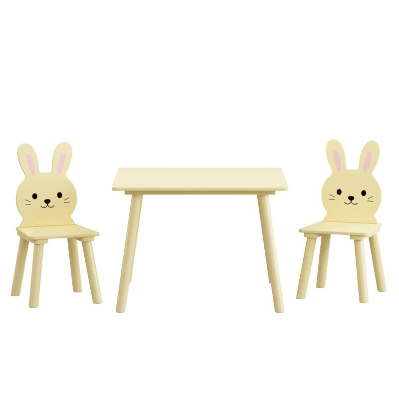 Kids Table and Chair Set with 2 Bunny Chairs, Children's Wooden Activity Table for Toddlers, Cute Animal Design Set
