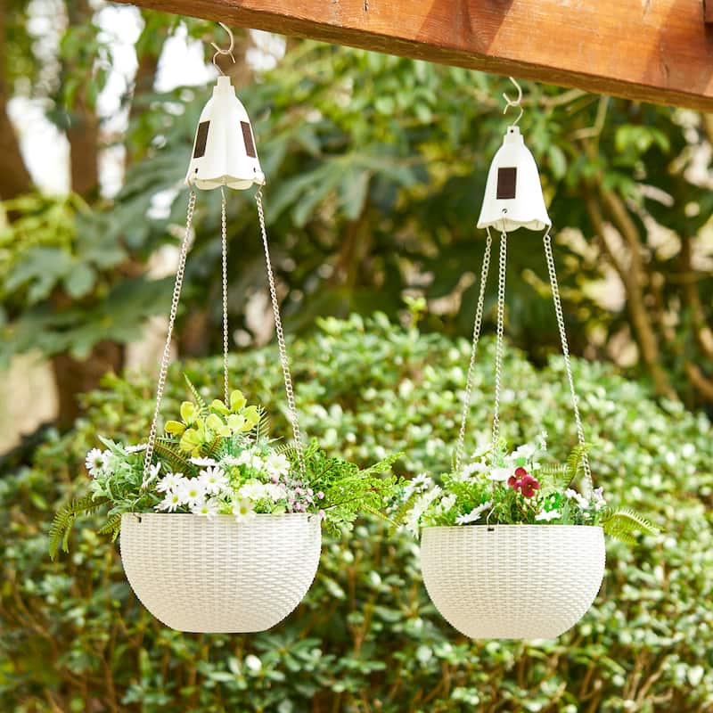 Glitzhome 30"H Solar Lighted Plastic Hanging Planter Basket