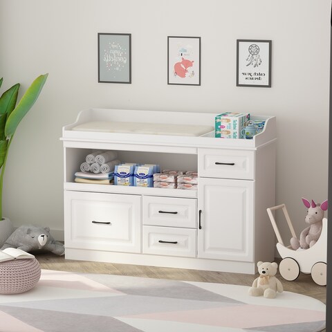 55.1"Nursery Dresser Changing Dresser with Drawers and Storage Shelves