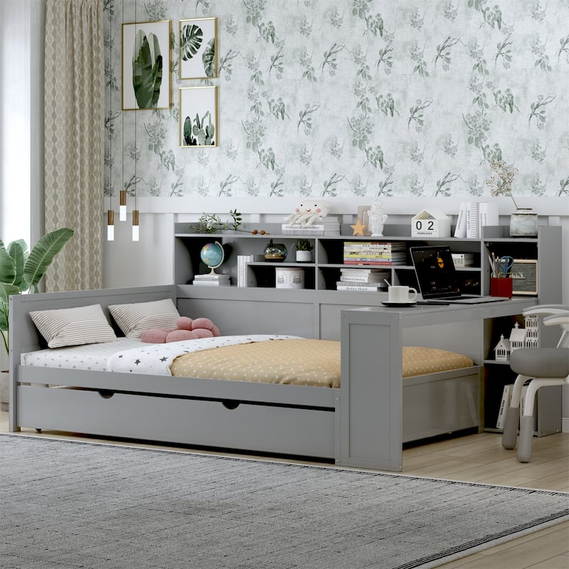 Twin/Full Size Wood Daybed w/ Shelves,Twin Size Trundle Bed,Study Desk