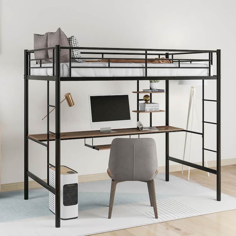 Metal Loft Bed with Desk and Shelf , Space Saving Design for Kids, Bedroom