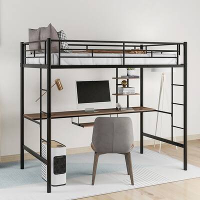 Twin Size Loft Bed Metal Frame Bed with Underbed Desk, Open Bookcase and 2 Side Stairs, Space Saving Platform Bed