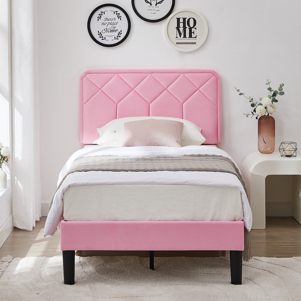 VECELO Pink Velvet Upholstered Bed Frame with Adjustable Headboard No Box Spring Needed Under Bed Storage Platform Bed