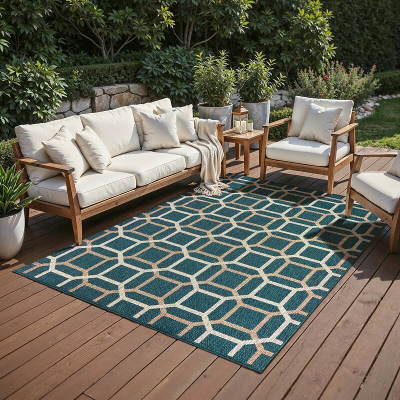 Vista Home Higgins Geometric Tile Blue-Green/Oatmeal Indoor-Outdoor Rug - 9' 10" x 12' 10" - Rectangle