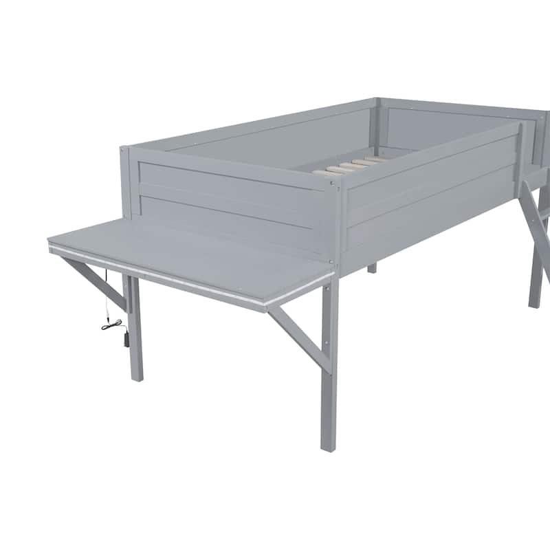 Grey Full Size Wooden Loft Bed with Built-in Gaming Desk, Multi-Color LED Lighting, and Space-Saving Design for Kids and Teens