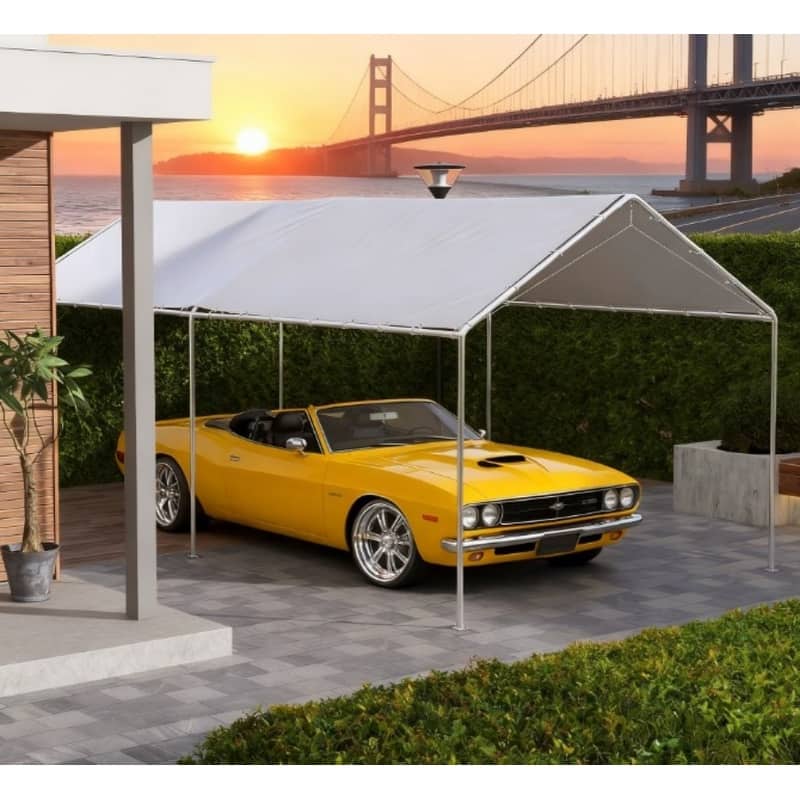 GDFStudio - Outdoor 9.6'x19.5' Easy-Install PE Carport Canopy Cover witht UV Resistant & 48 Ball Bungee Cords