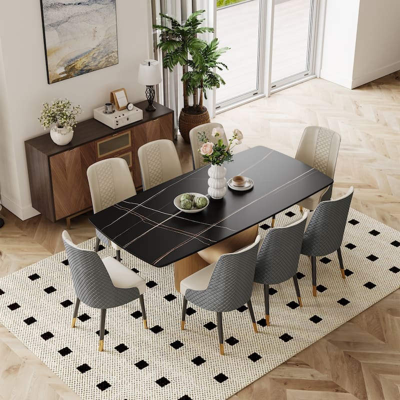 Modern Dining Table with Rectangular Sintered Stone Tabletop, Carbon Steel Leg, Minimalist Kitchen Dining Room Table - 78.74" - Black Tabletop-Bronze Base