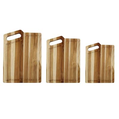 EcoDecors 3-Piece Teak Wood Cutting Board Set, 100% FSC Certified Edge Grain Wood with Juice Groove and Handle