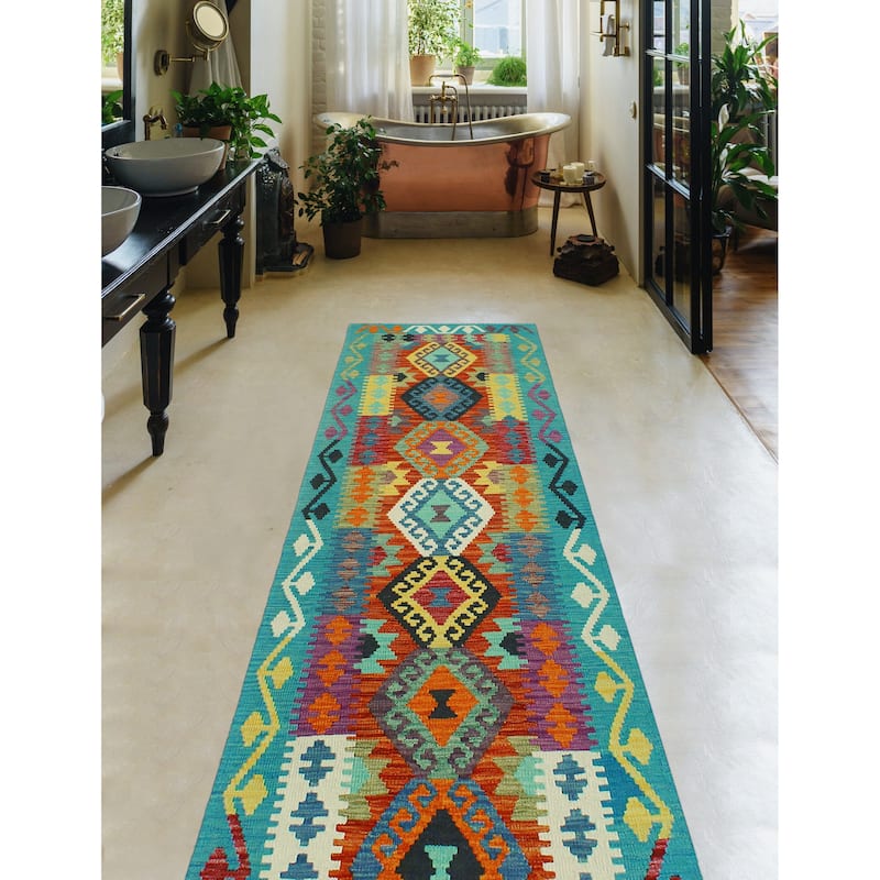Flatweave Useni Turquoise/Rust Runner - 2'6" x 9'3"