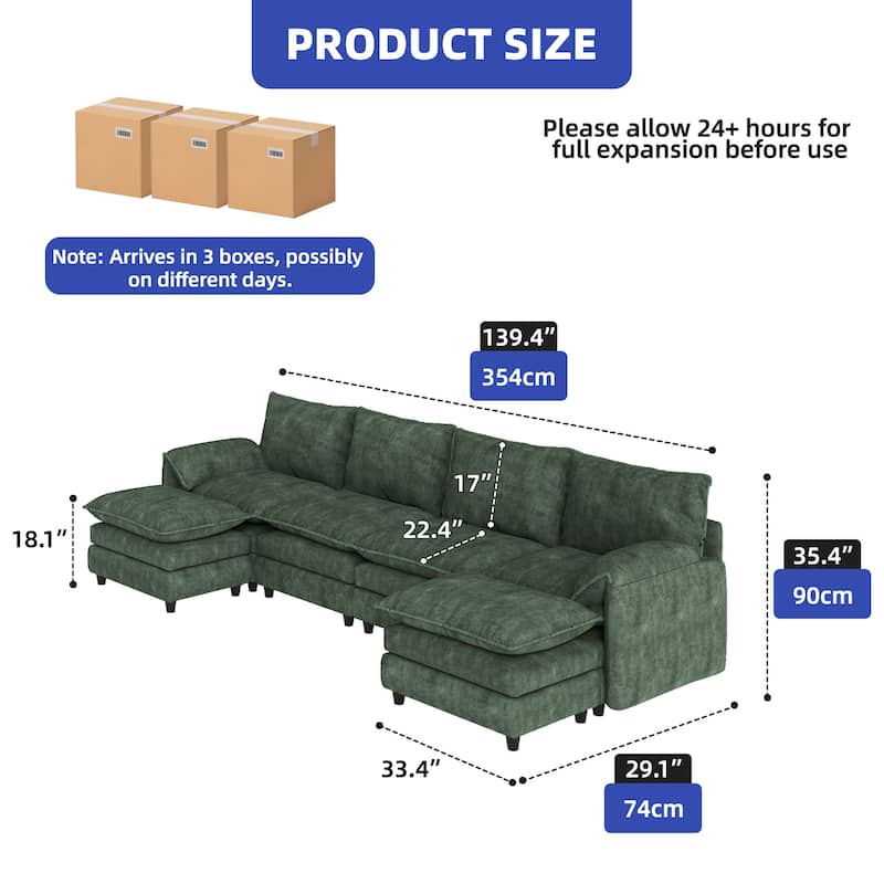 142 Inch Modular Velvet Sectional Sofa with Movable Ottoman Pillow Armrest and Deep Seats for Living Room Apartment or Office