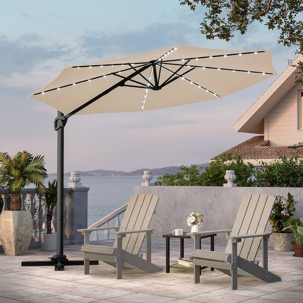led round offset outdoor patio umbrella Best Choice Products 10ft 360 Rotating Cantilever Hanging Market w/ Solar Lights allowing you to follow the sun all day LIVOOSUN 10FT LED Round Cantilever