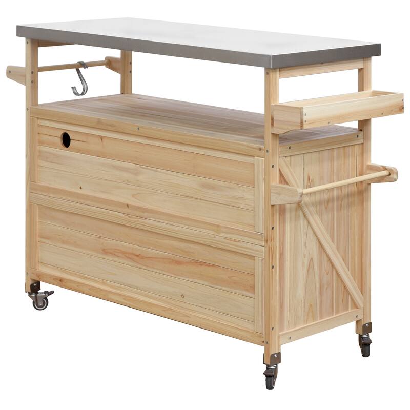 Outdoor Kitchen Island, Rolling Bar Cart & Storage Cabinet, Solid Wood Outdoor Grill Table with Stainless Steel Top