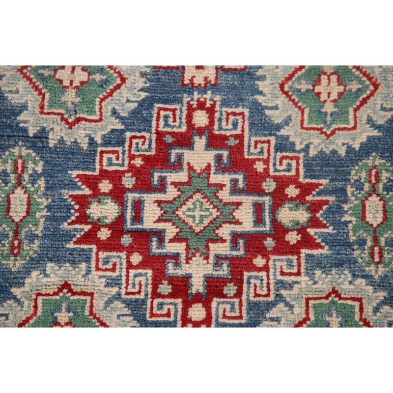 Blue Geometric Kazak Runner Rug Handmade Oriental Wool Carpet - 2'8" x 12'7"