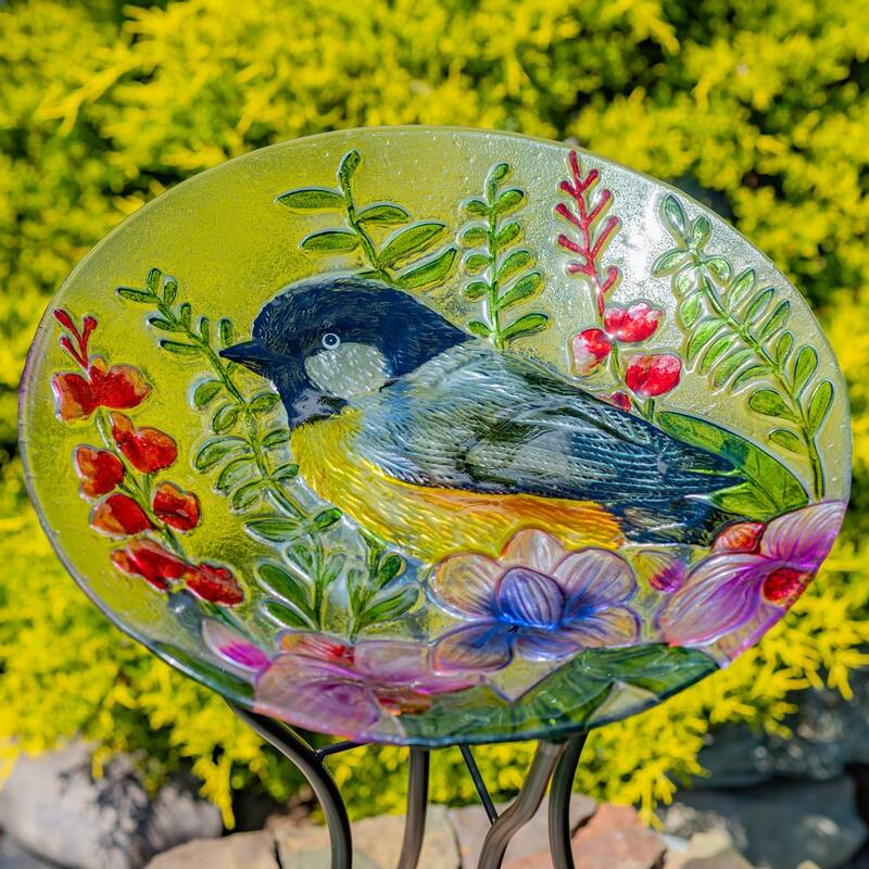 18" Glass Bowl Oriole Birdbath with Metal Stand "Baltimore" - Multi