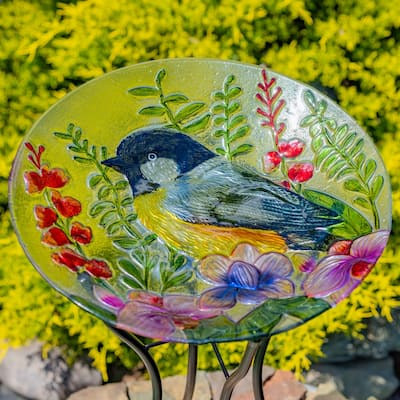 18" Glass Bowl Oriole Birdbath with Metal Stand "Baltimore"