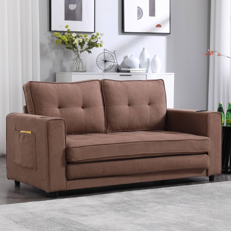 Convertible Futon Sofa Bed with Side Pockets and Handy Cup Holders