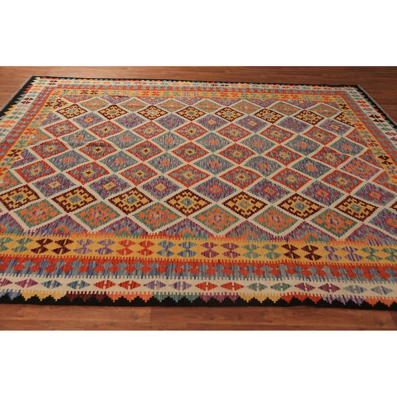Colorful Trellis Kilim Oriental Rug Flatweave Geometric Wool Carpet - 8'5"x 10'3"