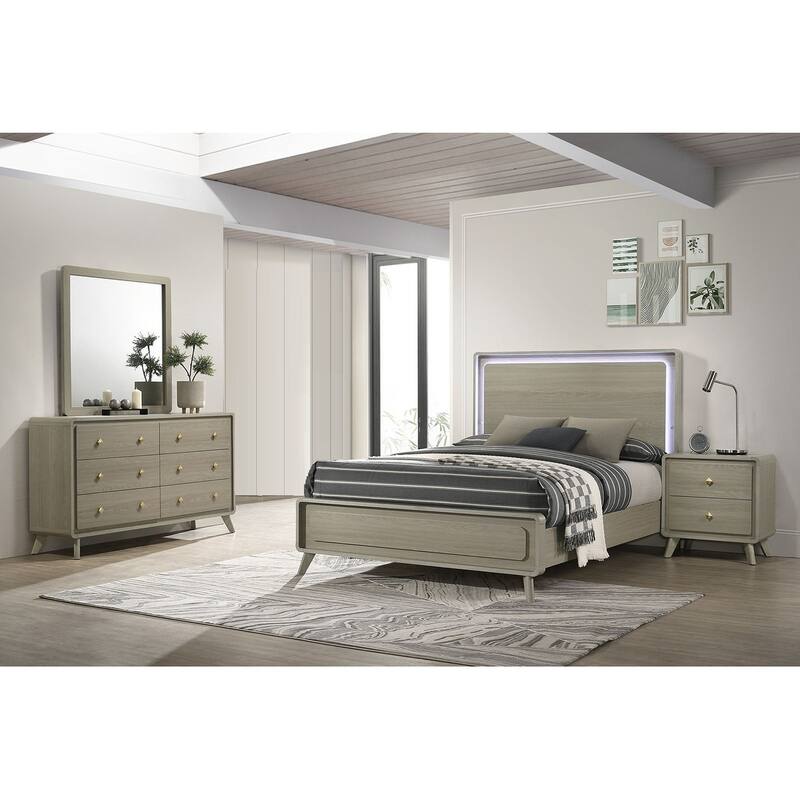 Bedroom Set 4pc Grey Finish LED Headboard Bed with Nightstand Dresser Mirror