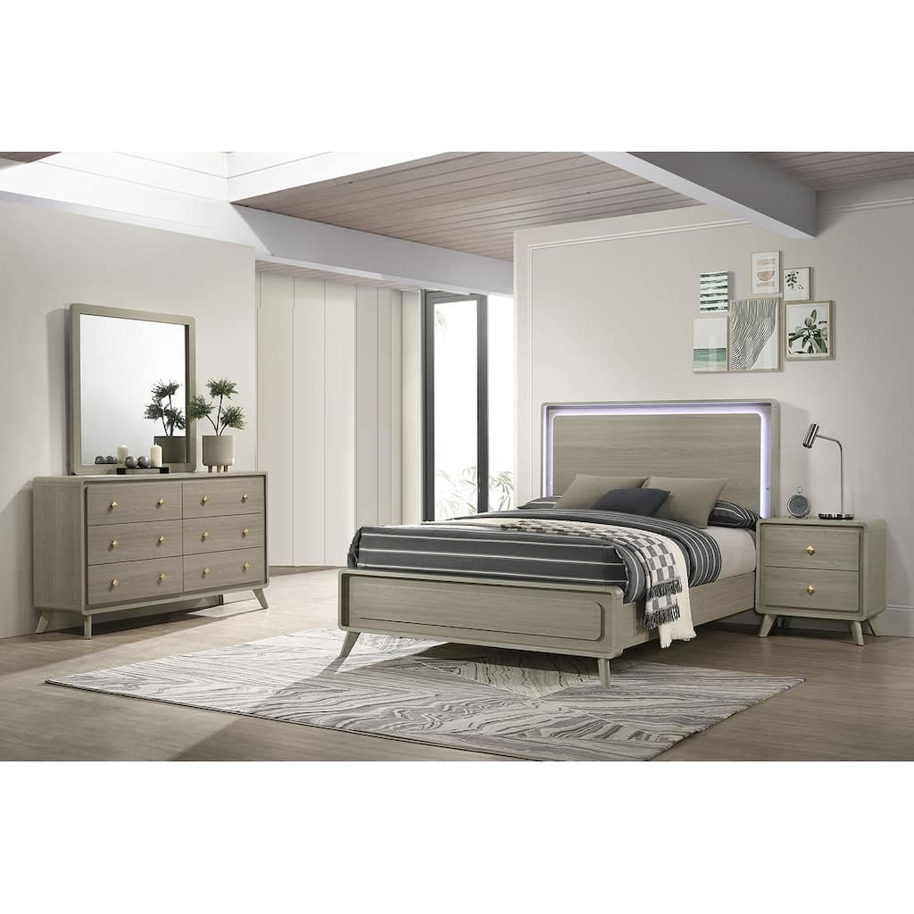 Bedroom Set 4pc Grey Finish LED Headboard Bed with Nightstand Dresser Mirror