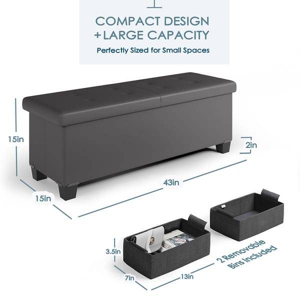 dimension image slide 8 of 24, Empyrean Tuffted Folding Foot Rest Storage Ottoman Bench with Storage Bins