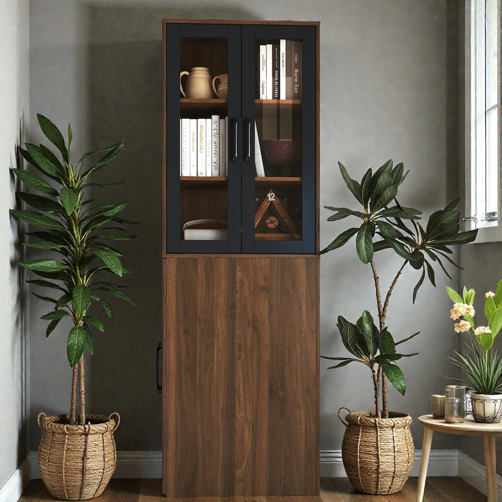 70.87" Tall Display Storage Cabinet with 4-Tier Pull-Out Shelf & Glass Doors, Modern Wooden Kitchen Pantry for Home