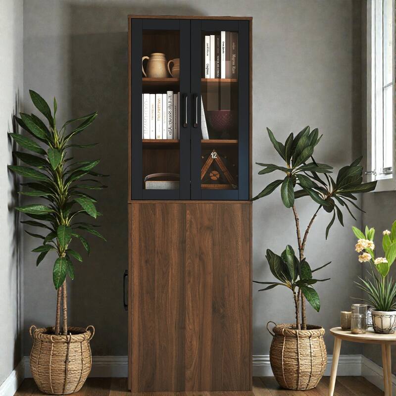 70.87" Tall Display Storage Cabinet with 4-Tier Pull-Out Shelf & Glass Doors, Modern Wooden Kitchen Pantry for Home - Walnut