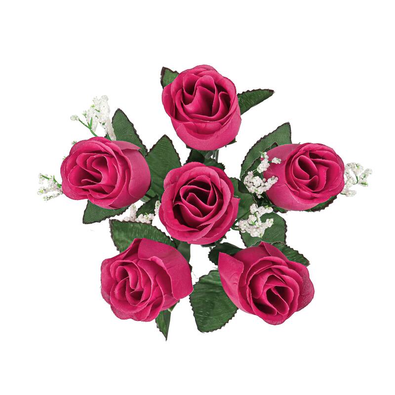 Set of 12 Hot Pink Artificial Rose Bud Flower Stem Bush Bouquet 14in - 14" L x 6" W x 6" DP