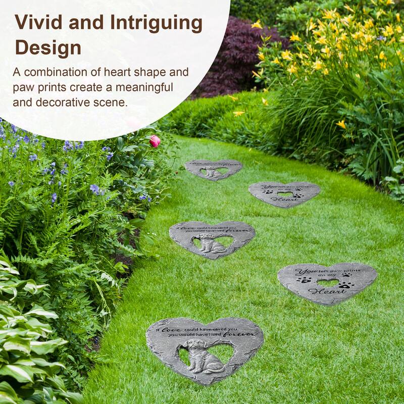 Glitzhome 6-Piece Cement Heart Shaped Paw Prints and Dog Memory Stepping Stones - 10 in