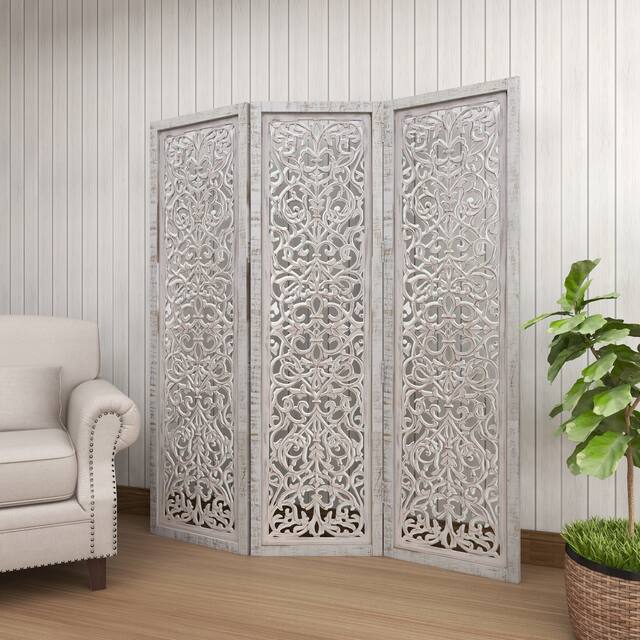 White Washed Distressed Wood Ornate Farmhouse Room Divider Screen